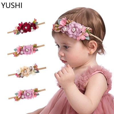 Creative Lace Fabric Flower Children's Nylon Hair Band Fashion with Pearl Cute Princess Children's Hair Accessories