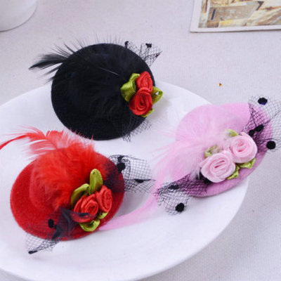 SD Doll Hat Brushed Double Flower with Feather Stage Barrettes Billycock Barrettes Hair Accessories 5. 8cm