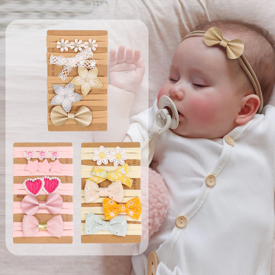 Cross-Border Embroidery Bow Flower Children's Hair Band Set Cute Princess Baby Girl's 5-Piece Cotton and Linen Nylon
