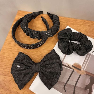 Black Bubble Crepe Hair Band High Skull Top Pleated Headband Wide Edge XINGX Rhinestone Headband Bow Barrettes