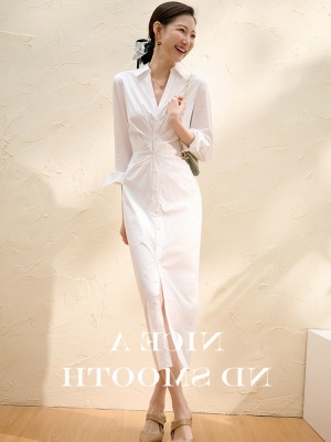 French Style V-neck Shirt Spring and Summer New Pleated Fitted Waist Pleated Slimming Long Sleeve Design Temperament Dress