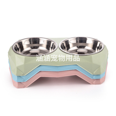 New Candy Color Diamond Bowl Cartoon Pet Stainless Steel Dog Bowl Pet Double Bowl Plastic Pet Cat Dog Basin