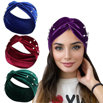 Cross-Border New Arrival Solid Color Gold Velvet Pearl Hair Band Hair Accessories Knotted Cross Wig Gift Headband Hairband