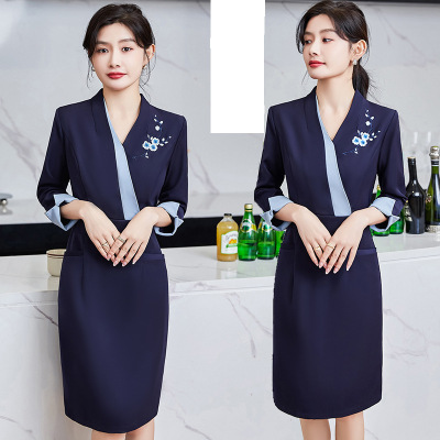 Spring New Korean Style Three-Quarter Sleeve Dress Mid-Length Hotel Receptionist Uniform Beauty Salon Workwear