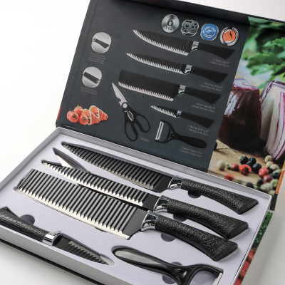 238A Wave Pattern Non-Stick Knife Gift Knife Set Household Kitchen Knife Black Knife Six-Piece Set Colored Box Suite