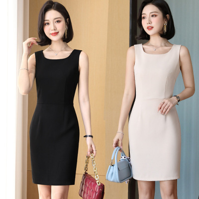 Business Women's Clothing Spring and Summer New Black Sleeveless Dress Xiushui Elegant Bottoming Shirt Sheath Vest Dress Overalls