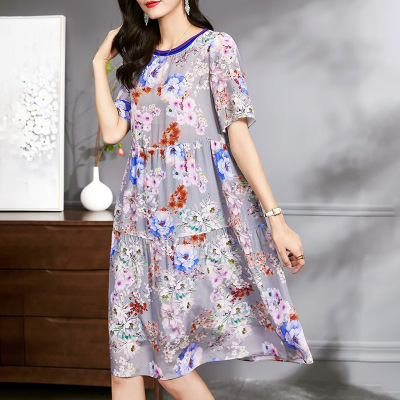 Simple Blue round Neck Loose Slimming Temperament Commute Printed Silk Dress Summer New