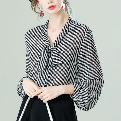 New Spring European Goods Fashionable Stylish Lace-up Shirt Women's Design Striped Top Bow Chiffon Shirt