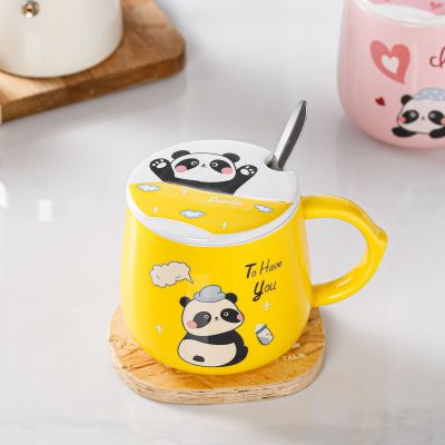 Cartoon Panda Ceramic Cup Cute Mug with Lid Advertising with Spoon Gift Cup Logo Can Be Added