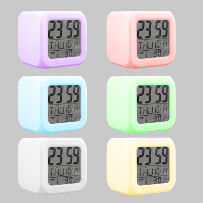 Cross-Border Amazon Dedicated Colorful Color-Changing Luminous Alarm Clock Led Calendar Temperature Display Children Mute Square Clock