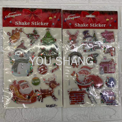 Colorful Laser Shake Stickers Cartoon Santa Claus Christmas Tree Snowman Christmas Gift Three-Dimensional Decoration Stickers