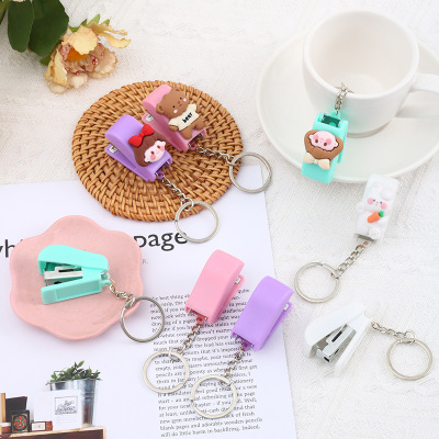 Cute Cartoon Mini Stapler Keychain Macaron Color Student Creativity Stapler Convenient Key Ring Pendant