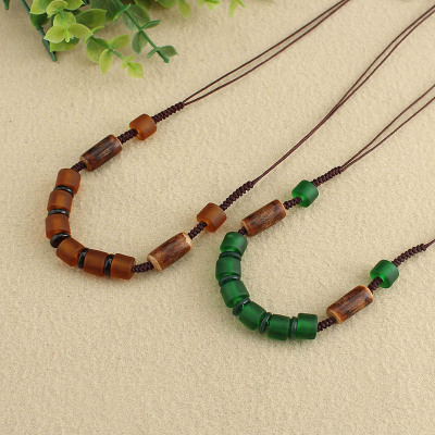 Retro Ethnic Style Hand-Woven Glass Necklace Simple Women's Artsy All-Match Sweater Chain Cotton and Linen Clothes Accessories