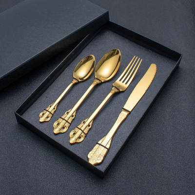 Amazon 304 Stainless Steel Gold Vintage Embossed Titanium Plated Court Tableware Steak Knife Fork Spoon Gift Set