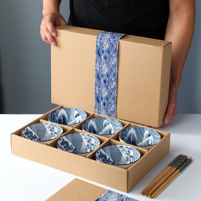 Ceramic Bowl Souvenirs Set HandPainted Bowl Set Gift Box Blue and White Porcelain Bowl Ceramic Tableware Activity Gift