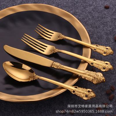 Court Retro Embossed Tableware 304 Western Tableware Knife Fork and Spoon Soup Spoon Thickened Gift Set in Stock Whole