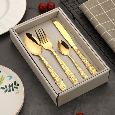 Water Cube Stainless Steel Western Tableware Simple Hotel Gold-Plated Steak Knife and Fork Spoon Four-Piece Gift Box Set