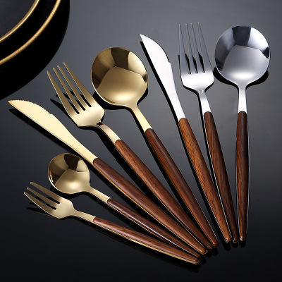 Wooden Handle Stainless Steel Steak Knife and Fork Retro Portuguese Western Tableware FivePiece Suit Dessert Spoon Fork