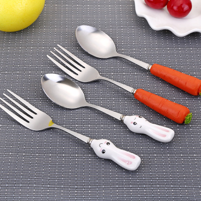 Steel Cartoon Tableware Spoon Children Fork and Spoon Cute Plug Handle Western Tableware Kindergarten Spoon Fork