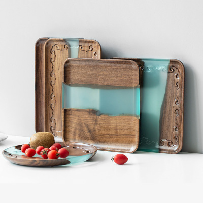 Black Walnut Resin Tea Tray Wooden Rectangular Tray Household Fruit Plate Solid Wood Small Tea Table Dry Pour Plate
