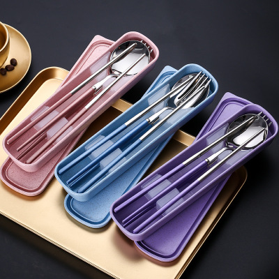 Stainless Steel Portable Tableware Student Tableware Travel Lunch Box ThreePiece Set Fork Spoon and Chopsticks Set Wheat