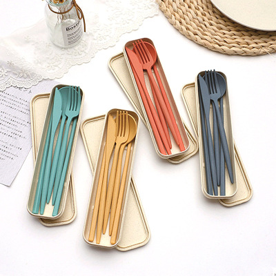 Wheat Straw Portable Tableware Set Knife Spoon Fork Chopsticks Four-Piece Creative Student Outdoor Travel Tableware Gift
