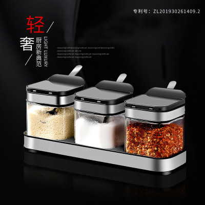 Direct Supply 304 Stainless Steel Spice Jar Three-Piece Set Creative Kitchen Utensils Glass Condiment Dispenser Set