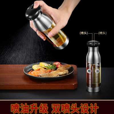 Glass Double-Headed Oil Dispenser Atomization Press Oil & Vinegar Bottle Kitchen Seasoning Separation Oiler Storage Tank