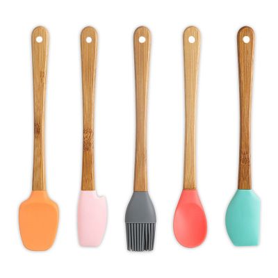 Silicone Scraper Mini Baking Tool Suit 5Piece Set Spoon for Stirring Oil Brush Bamboo Wooden Handle Small Kitchenware