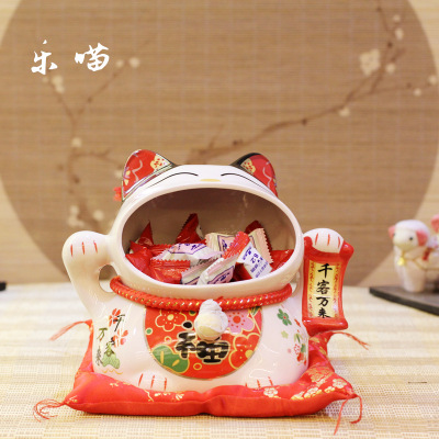 Le Meow 7-Inch Big Mouth Lucky Cat Thousands of Guests Ceramic Candy Box New Year Home Decoration Housewarming Shop Decoration