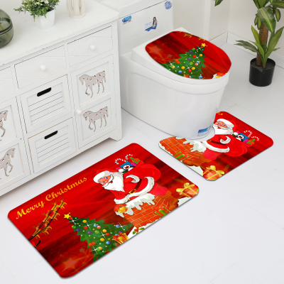 Christmas Carpet Three-Piece Flannel 3D HD Printed Mat Bathroom Toilet Water-Absorbing Non-Slip Mat Mat