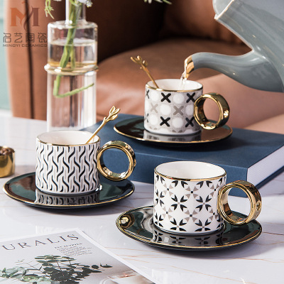 Nordic Creative Geometric Ceramic Coffee Cup Gold-Painted O-Shaped Handle Mug Simple Fashion Coffee Cup Set