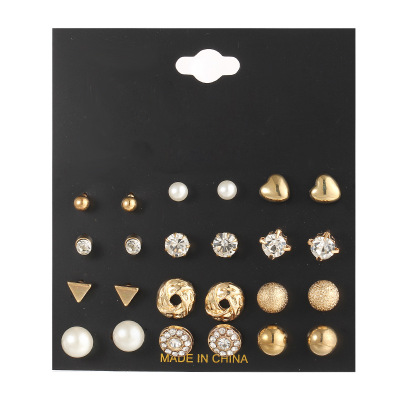 Han Zhishang Cross-Border Earings Set Combination 12 Pairs of Ear Studs Zircon Peach Heart Triangle Rhinestone Earrings