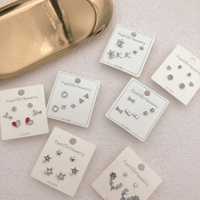 Needle Earings Set Three-Piece Set a Week Temperament Micro Inlaid Zircon Minimalist Design Earrings Factory Wholesale