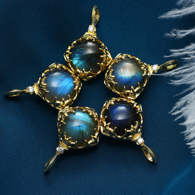 S925 Sterling Silver Plated 14K Gold Crystal Pendant Big Natural Blue Labradorite Necklace Female Agete Vintage Pendant