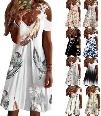 Spring and Summer New Cross-Border European and American Amazon Feather Printed Lace off-Shoulder Women's Braces Skirt