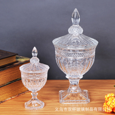 European-Style Retro Embossed Glass Candy Box High Leg Candy Box Dried Fruit Box Storage Box with Lid Home Storage Jar
