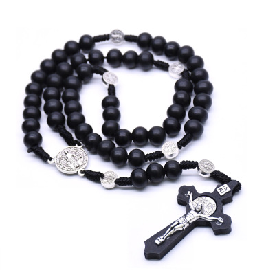 Cross Catholic Rosary Necklace Handmade Wooden Bead Cross Necklace Christ Prayer Beads Religious Ornament