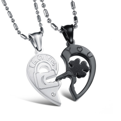 Cross-Border Ornament Wholesale Korean Jewelry Titanium Steel Rhinestone Key Puzzle Couple Necklace