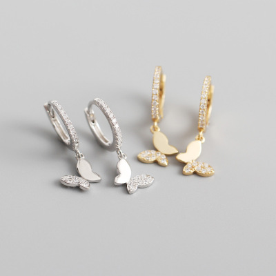 Light Luxury S925 Sterling Silver Ins Butterfly Pendant Diamond-Embedded Design Sense Earclip Earrings Silver Earrings