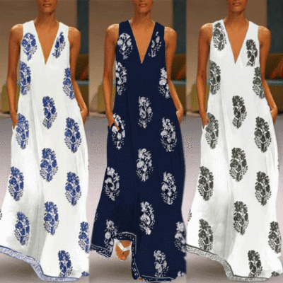 AliExpress Amazon Summer Hot Sleeveless Leaf Dress Vintage Print Evening Beach Dress
