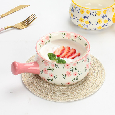 Small Floral Handle Bowl Household Ceramic Tableware Underglaze Breakfast Pot Small Milk Boiling Pot Soup Bowl Rice Bowl