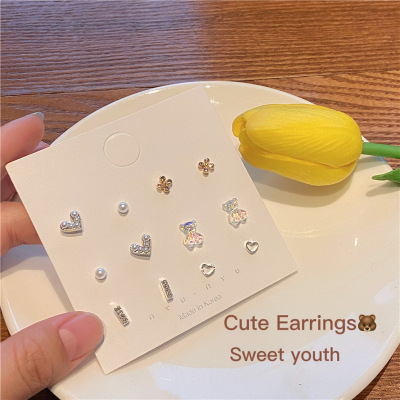 Sterling Silver Needle Fairy Pearl Love Bear Ear Studs Set Gentle Cute Fresh Simple Girl Earrings Earrings