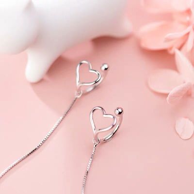 S925 Silver Ear Clip Women's Korean-Style Hollow-out Heart Shape Earline Light Bead Two Ways to Wear Girl's Ear Jewelry