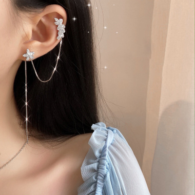 Celebrity Exaggerated One-Piece Long Fringe Earrings Female Diamond Flower Cold Wind Ear Line Ear Chain Ear Clip