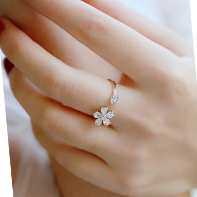 S925 Sterling Silver Open Flower Ring Female Korean Style Lady Diamond Sterling Silver Ring Factory Direct Sales