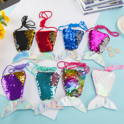 Cross-Border Mermaid Tail Sequin Lanyard Coin Purse Children Crossbody Long Shoelace Coin Bag Small Wallet Wholesale