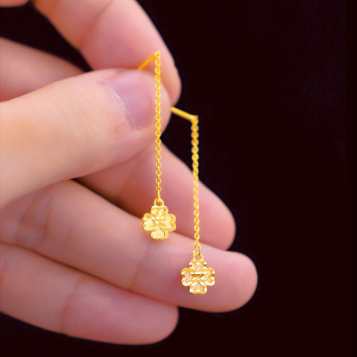 and Korean Four-Leaf Ear String Earrings Wholesale Pure Copper Gold-Plated Fresh Clover Ear Wire Supply for Women