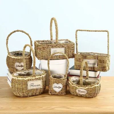 Flower Basket Straw and Rattan Woven Basket Flower Arrangement Free Shipping Korean New Hand-Carrying Knitting Handmade Flower Shop Wholesale Flower Pot and Basket