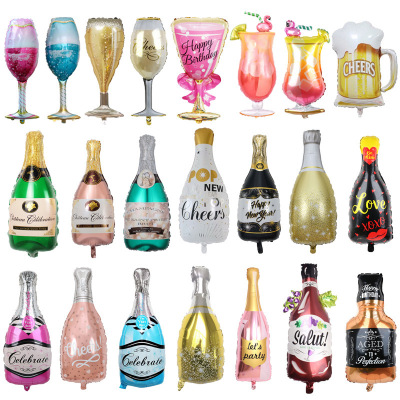 Cross-Border New Arrival Wine Bottle Wine Glass Series Aluminum Foil Adult Birthday Party Decoration Layout Aluminum Balloon Factory Wholesale